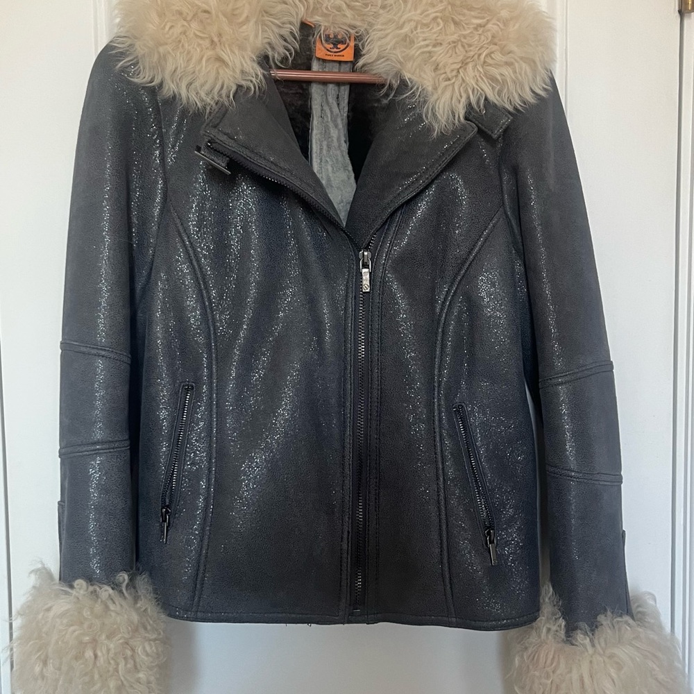 Tory Burch Gray Leather Motorcycle shearling Jacket with Cream Shearling Trim